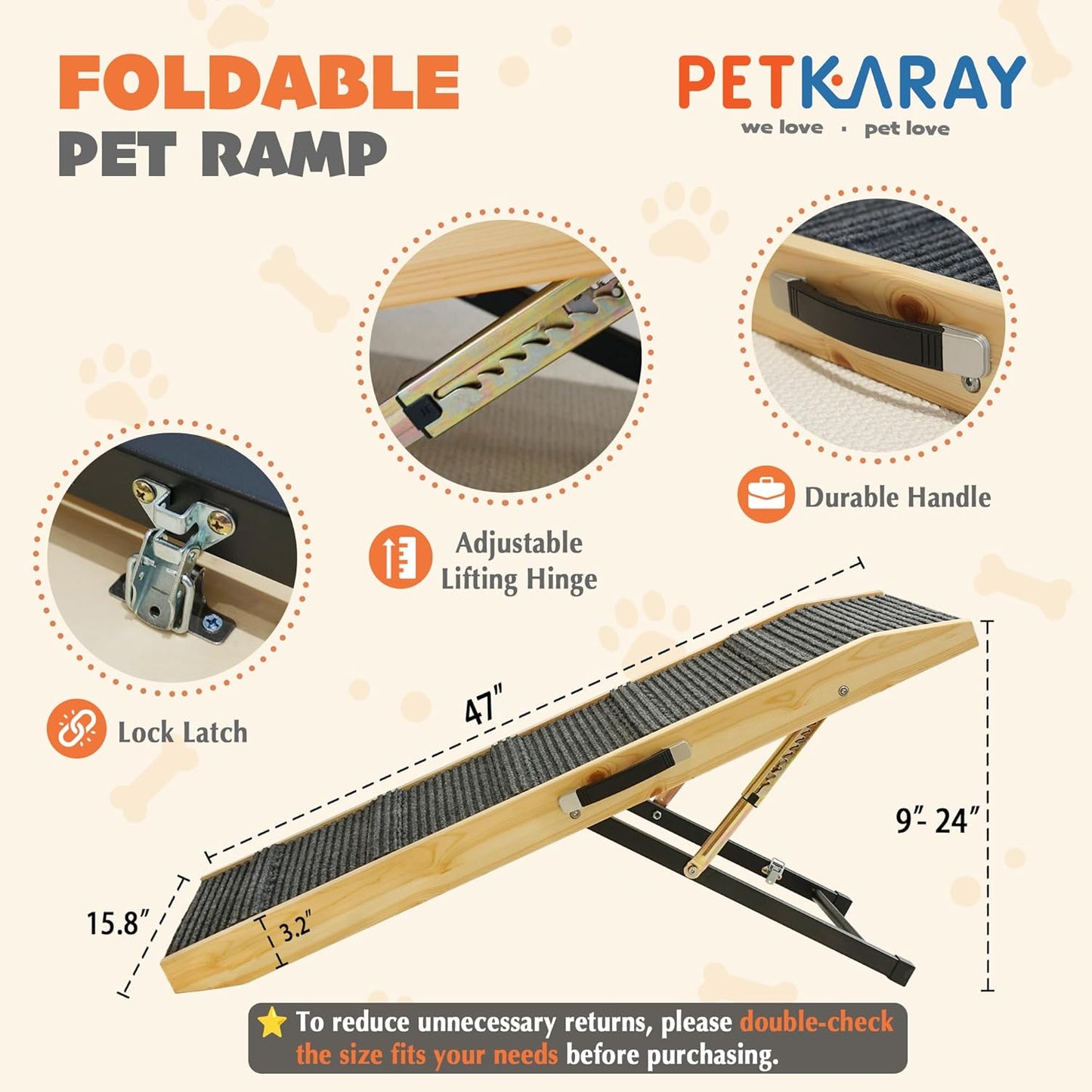 PETKARAY Dog Ramp for Bed, Stepless Adjustment Dog Ramp for Couch, Folding Wooden Pet Ramp for Large Dogs, 47" Long Adjustable Height 9"-24", Natural