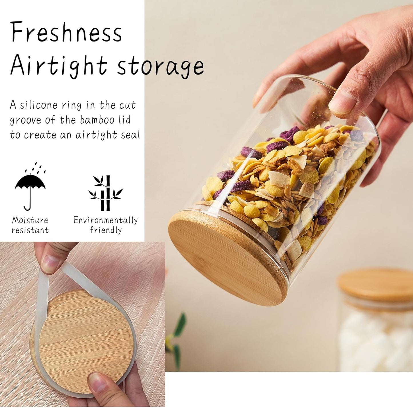 Glass Sugar Container with Spoon - 2 Pack 15oz Glass Jars with Bamboo Lid and Spoon, Bamboo Lid Storage Jar Canister for Coffee Beans, Spice, Brown Sugar, Tea, Flour, Nuts, Candy, Salts and More
