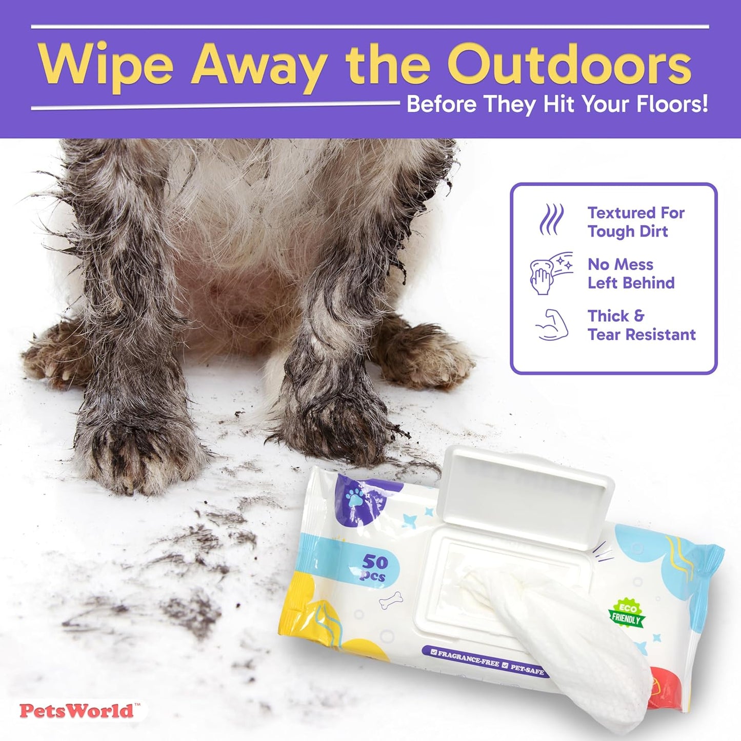PETSWORLD 3-in-1 Pet Wipes | Hypoallergenic, Unscented & Biodegradable Grooming Wipes for Body, Paws & Butt | Thick, Durable, Daily Use Pet Cleaning Wipes (600 Count)
