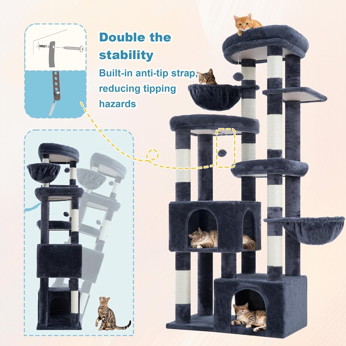 Hey-brother Cat Tree, 67.3 Inches Tower with 3 Soft Platform Beds, 2 Large Condos, 9 Sisal Scratching Posts, 2 Hammocks and Toys, Multi-Level Step House for Multiple Indoor Kittens, Smoky Gray MPJ084G