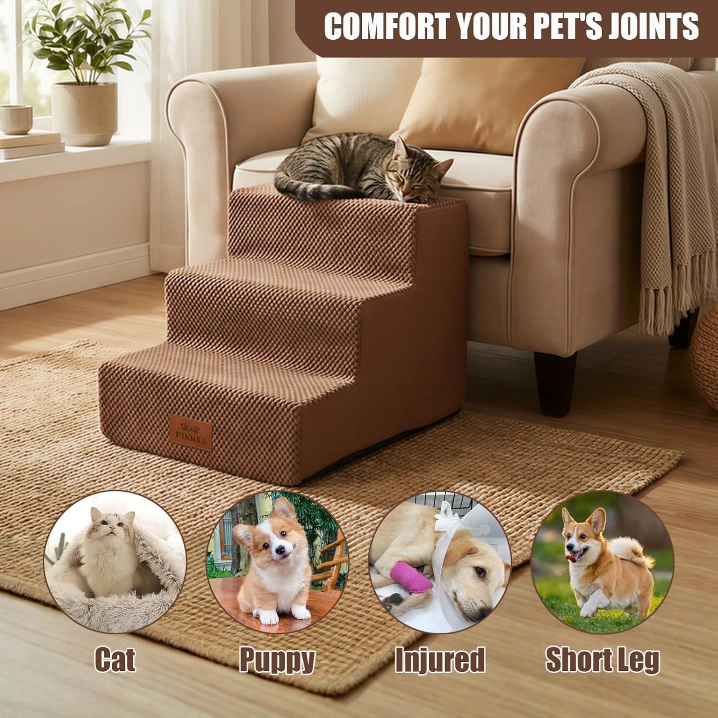 2 Pcs Dog Stairs 3-Step Dog Stairs for Bed Couch Sofa 13.5" H Pet Steps for Puppy Small Dogs Cat Puppy Small Medium Dogs (Brown, 3-Stairs 13.5" H)