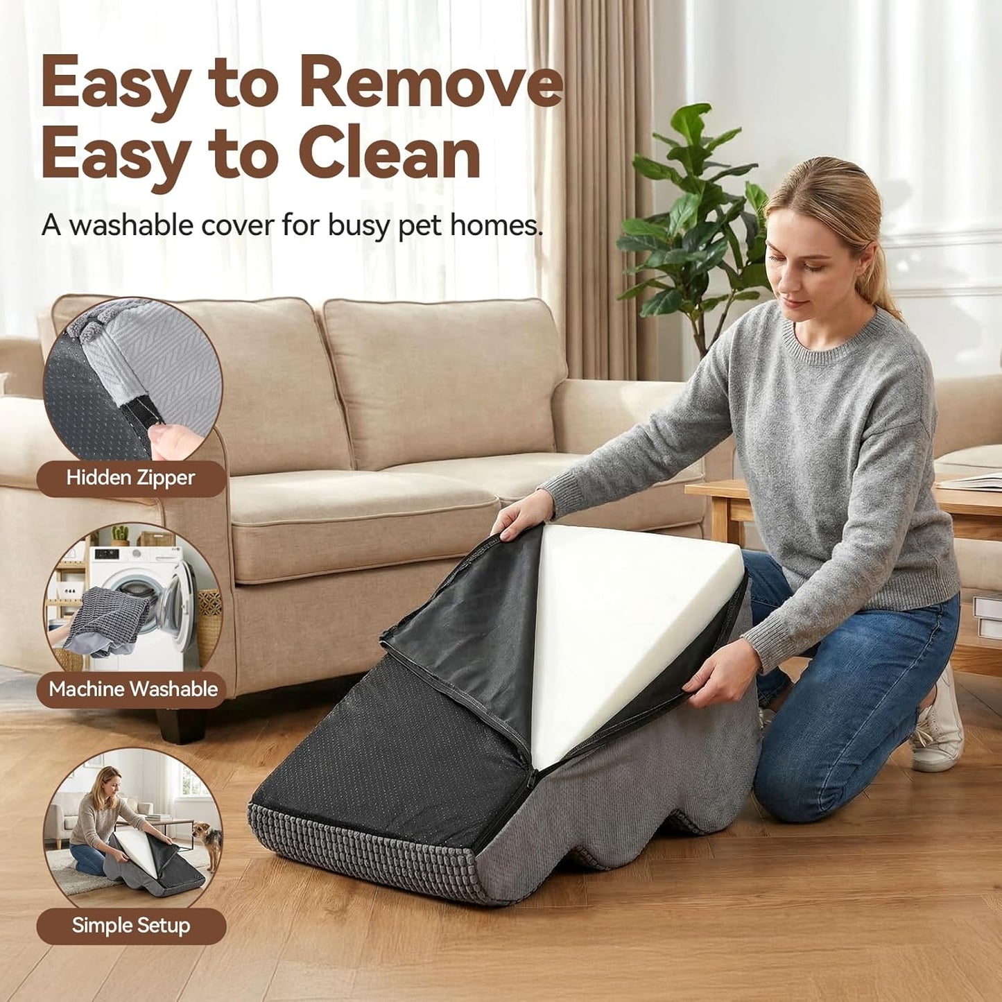 Dog Stairs for Small Dogs, 3 Step Foam Ramp for Bed & Couch, Pet Steps for High Bed with Non Slip Base, Washable Cover, Joint Support Design, Grey
