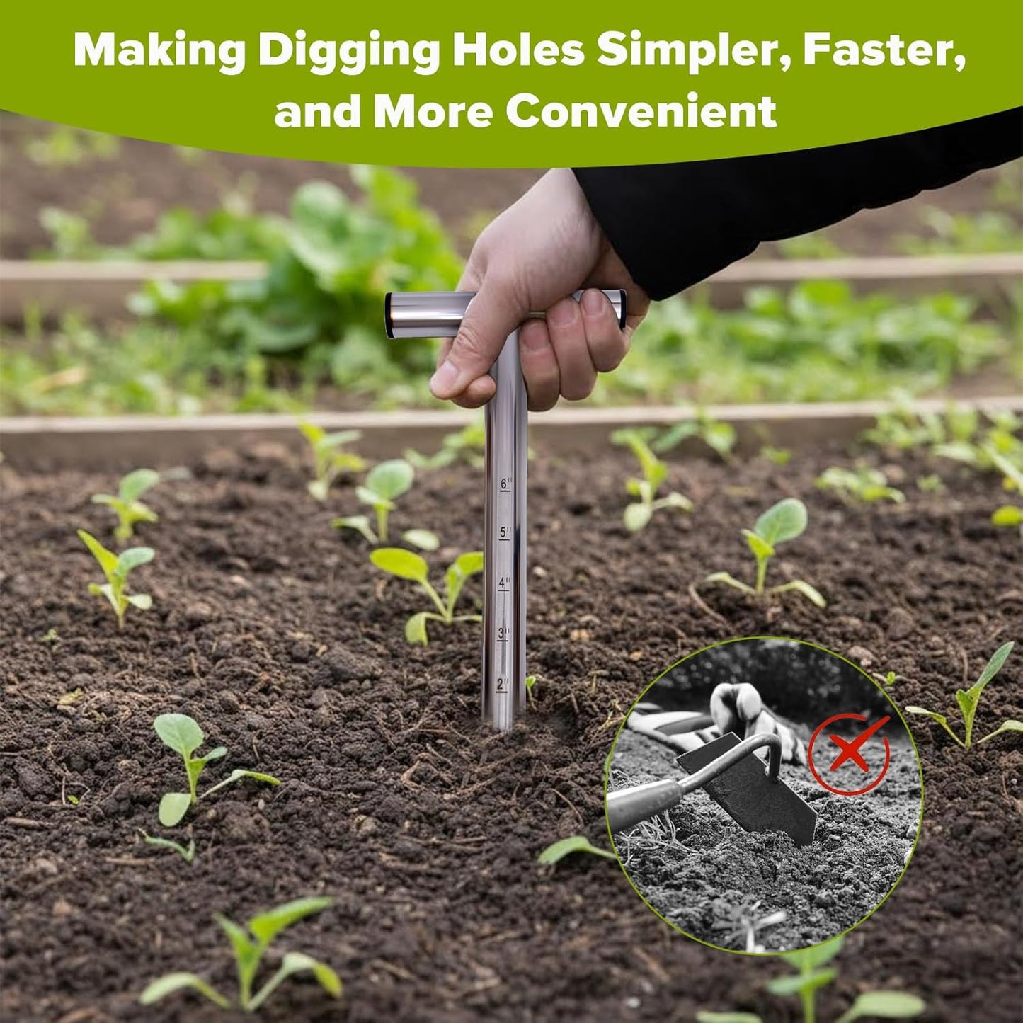 Dibbler Gardening Tool Stainless Steel, Hand Dibber Seed Planter Tool, T-Handle Bulb Planter Tool, Hand Held Hole Digger for Tulip Garden Tool
