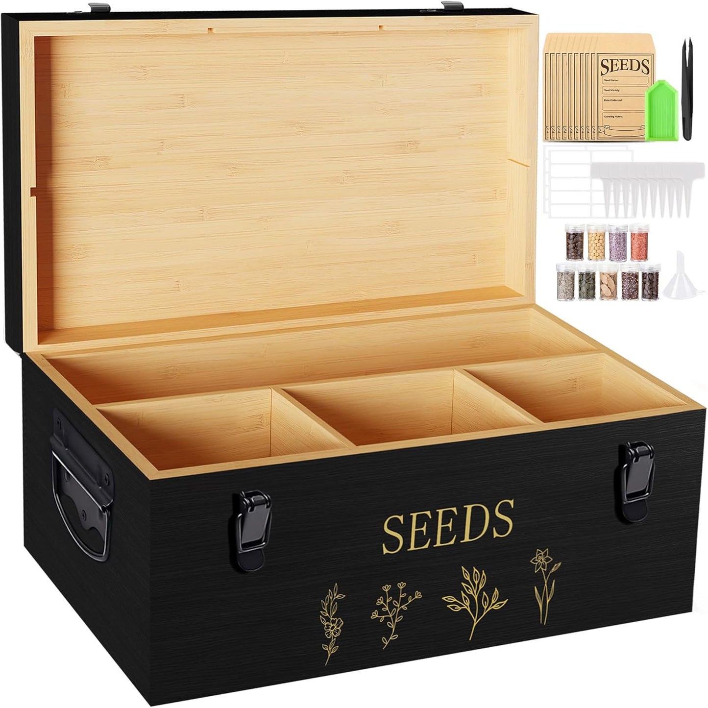 Bamboo Seed Storage Organizer, Large Garden Seed Organizer with Lid & Safety Lock & Handles, Seed Box Storage Organizer Includes Seed Envelopes and Labels etc, Great Gifts Gardening Kit (Black)
