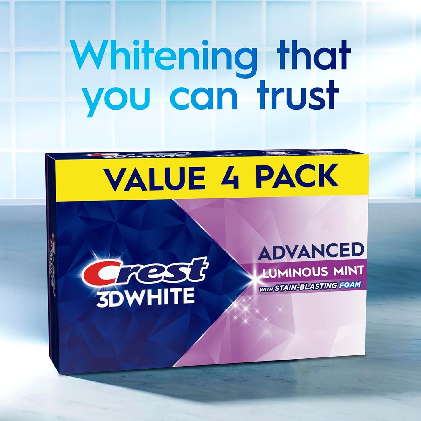 Crest 3D White Advanced Luminous Mint Teeth Whitening Toothpaste, Crest Toothpaste, 3.7 oz Pack of 4 - Helps Remove Surface Stains, Whitens Teeth, Strengthens Tooth Enamel, Protects Against Cavities