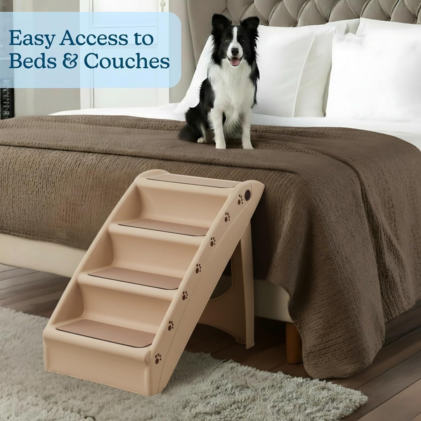 Pet Stairs - Home and Vehicle Foldable Nonslip Dog Steps with 4-Step Design - For Puppies, Kittens, and Other Small Pets by PETMAKER (Tan)
