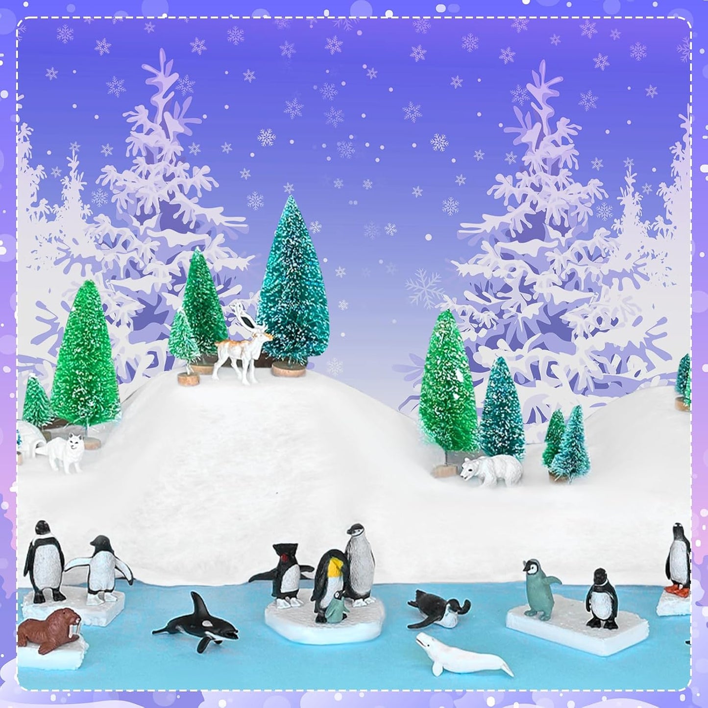 41 Pcs Arctic Animals Figurines Set Diorama Kit Includes 21 Polar Animals Figurines 16 Mini Pine Trees 1 Fake Snow Blanket 2 Foam Boards 1 Blue Tissue Paper Artic Diorama Supplies School Winter Decor