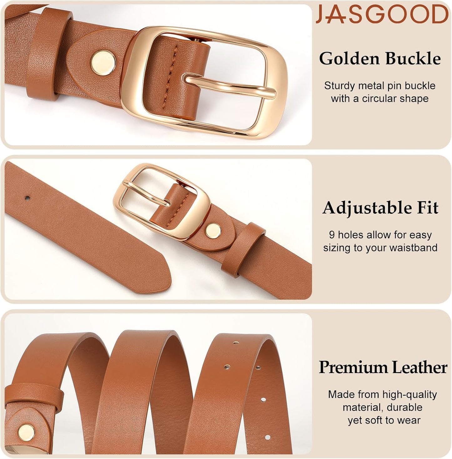 JASGOOD 3 PACK Women Belts for Jeans Pants Fashion Ladies Leather Waist Belt with Gold Buckle