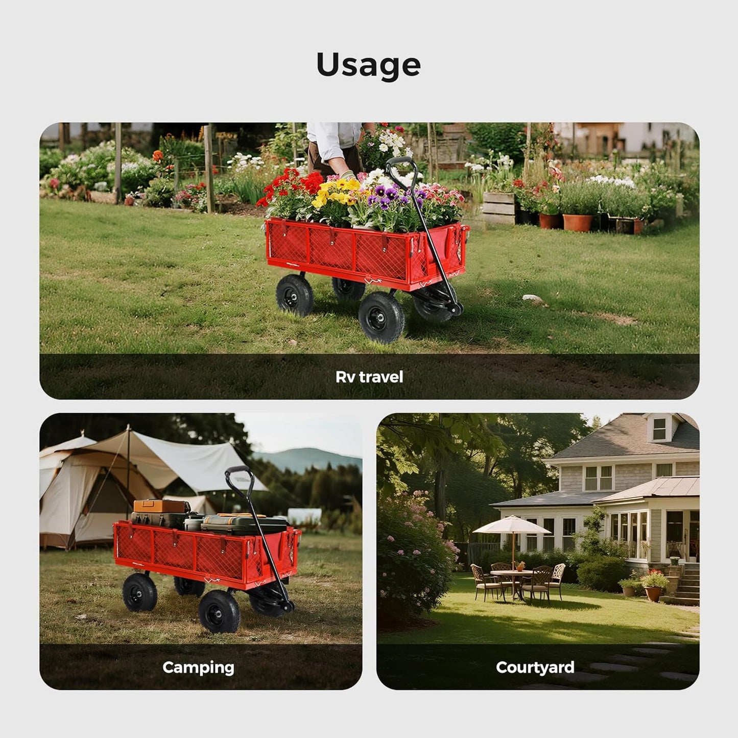 SUNNYFEEL 500 Lbs Capacity Heavy Duty Mesh Steel Garden Cart,Folding Utility Wagon with Removable Side Nets, Non-Slip Rubber Base, Red,Upgraded Version