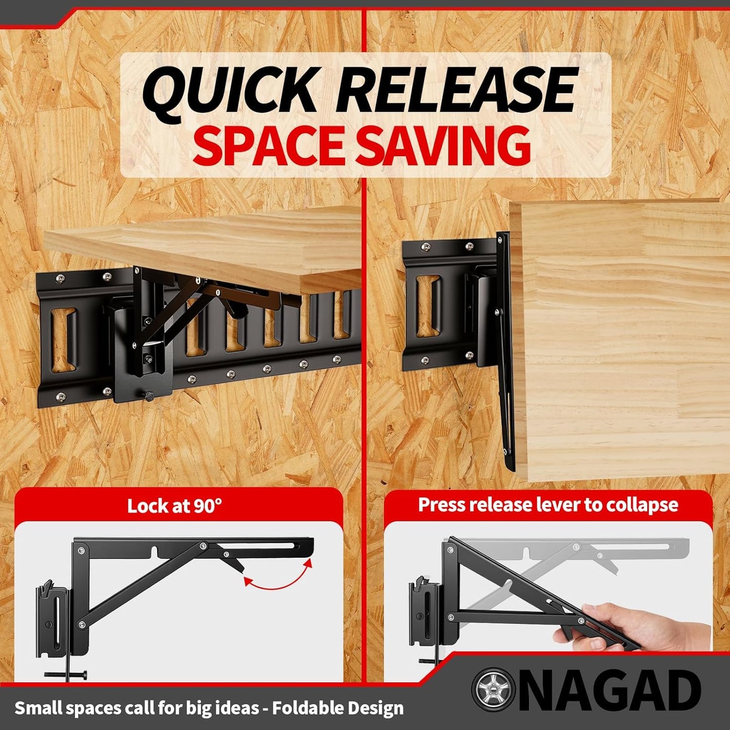 8 Inch E Track Folding Fixed Shelf Brackets 2 Pcs Black Heavy Duty Metal DIY E-Track Collapsible Shelf Hinge Etrack Accessories for Workbench Table Shelves in Enclosed Trailer, Truck, Garage,Warehouse