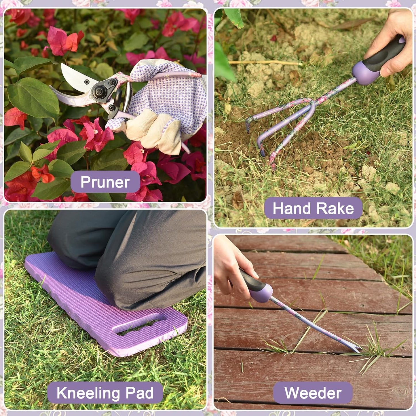 Gardening Tools, WisaKey 10 Piece Heavy Duty Purple Garden Tool Set Durable Garden Supplies Organizer Bag Garden Hand Tools Grandmother Granny Valentine's Gift for Woman