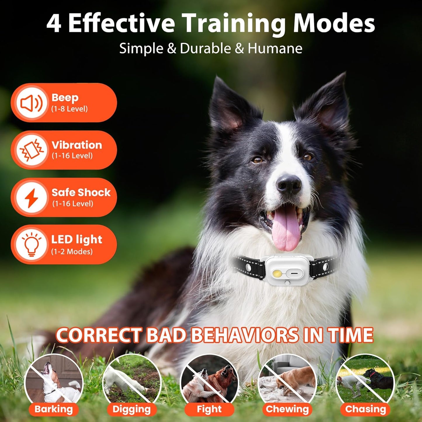 Dog Training Collar with Remote Control, 3300FT and 4 Training Modes Beep,Vibration,Safe Shock,LED Night Light,IPX7 Waterproof Rechargeable E-Collar for All Breeds (8-150 lbs)