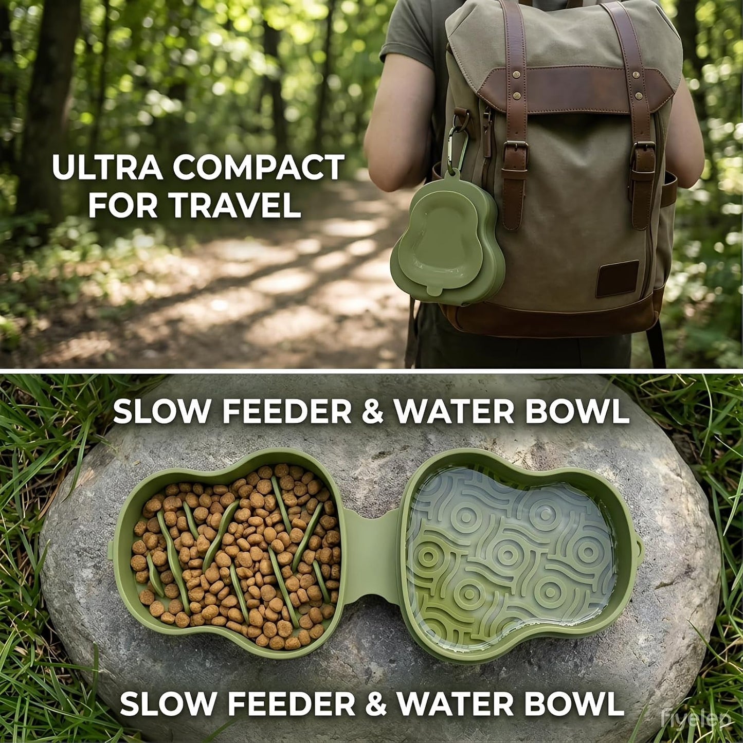 2-in-1 Collapsible Dog Travel Bowl, Portable Slow Feeder & Lick Mat Combo, Mess-Free Clamshell Design, BPA-Free Silicone Pet Food & Water Dish for Camping, Hiking & Anxiety Relief,(Bluish)