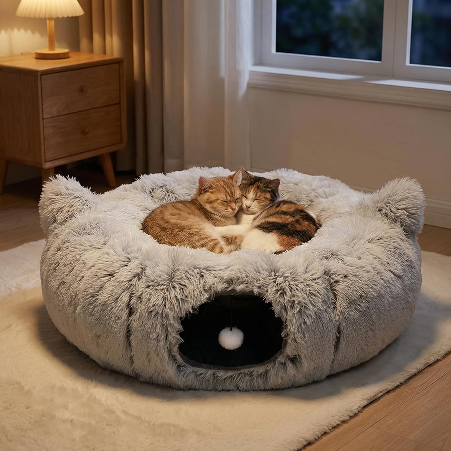 3-in-1 Cat Tunnel Bed Cave with Fun Catnip Interactive Stimulating Kitten Toys for Indoor Bored Cats - Peekaboo Hideaway & Donut Tunnel - Foldable Cute Furry Fuzzy Bed - 32"