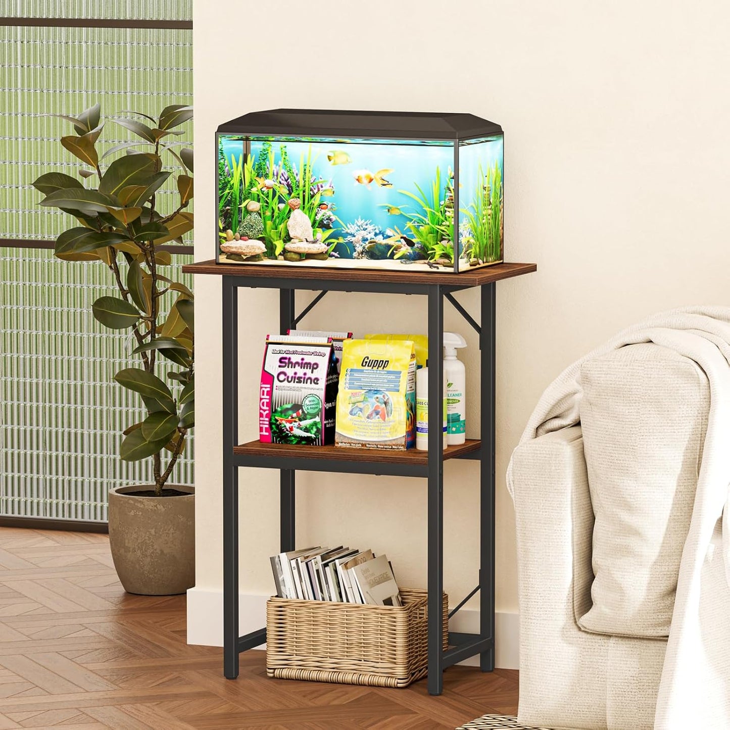 Snughome 10-20 Gallon Fish Tank Stand, Aquarium Stand 2-Tier Storage Shelves, Heavy Duty Terrarium Stand for Home Office Fish Tank Shelf, 24" L x 11.81" W x 30.71" H, Rustic Brown