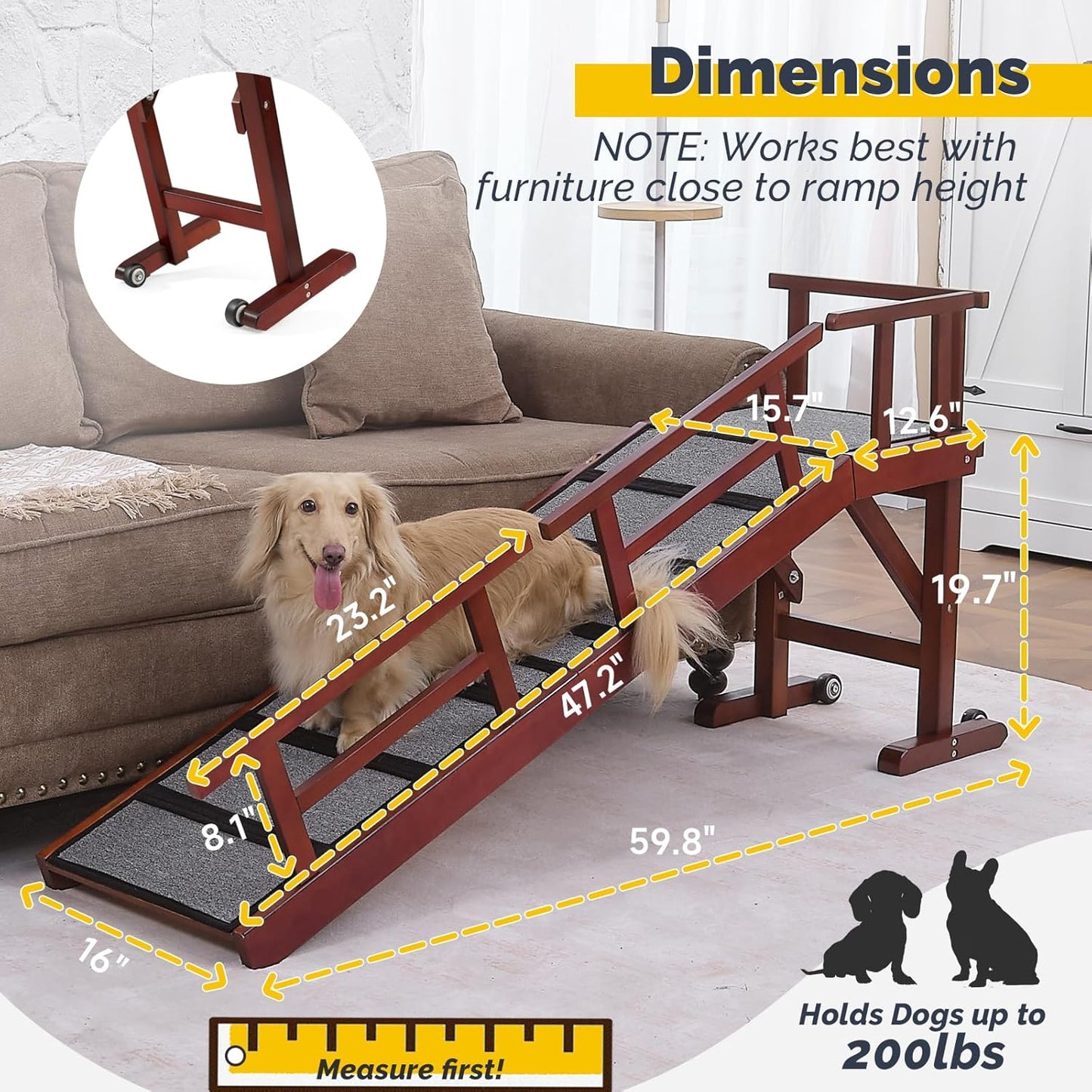 Dog Ramp for Bed or Couch, Wooden Pet Ramp with 20° Gentle Slope, Removable Side Rails, Non-Slip Surface, Top Platform & Wheels, Safe Bed Ramp for Small, Large & Senior Dogs, 60" Long, Mahogany