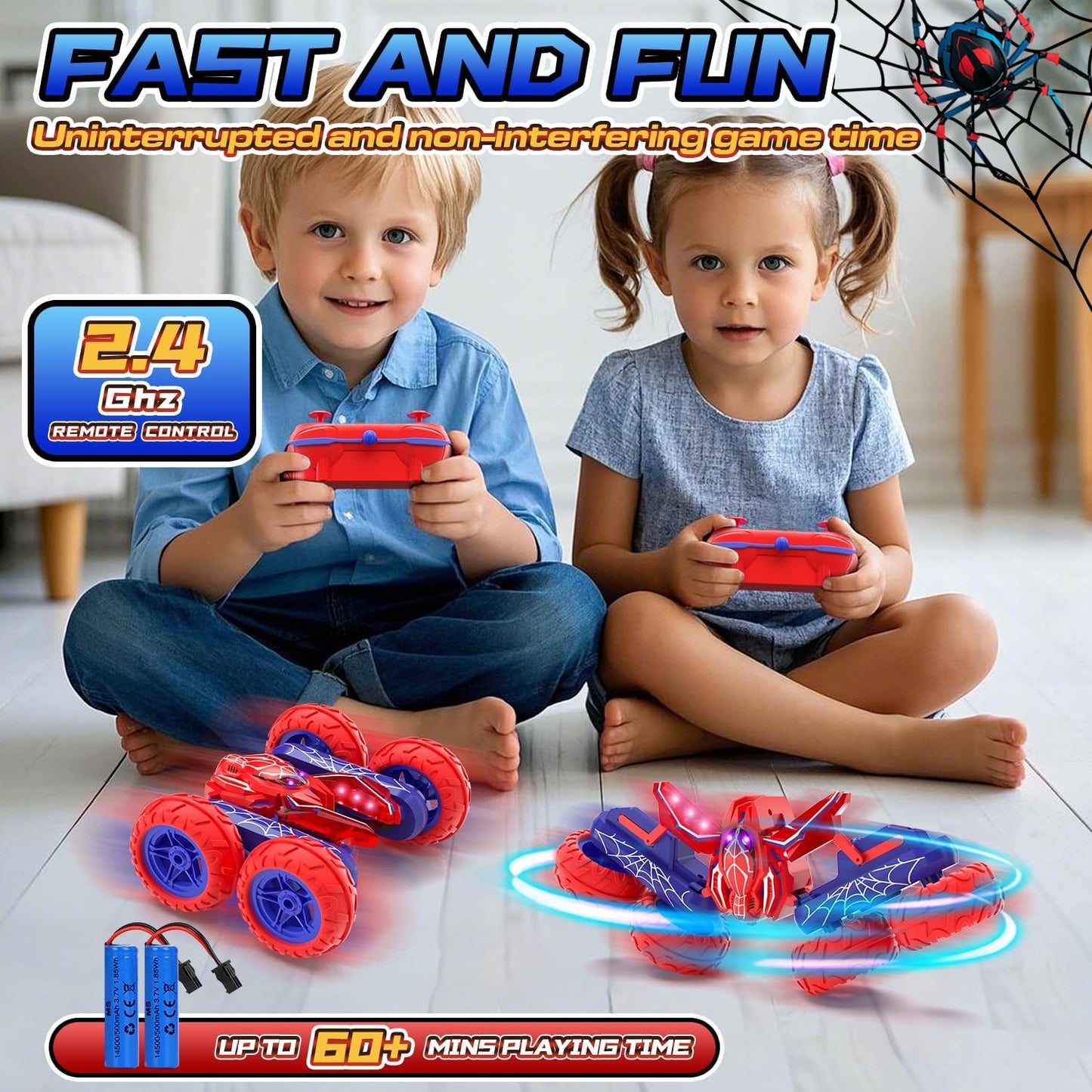 Spider Remote Control Cars for Boys 4-7, 360° Spinning RC Stunt Car with 2 Batteries Cool Lights Toys Birthday Gift for Boys 4 5 6 7 8 9 10 11 12 Year Old