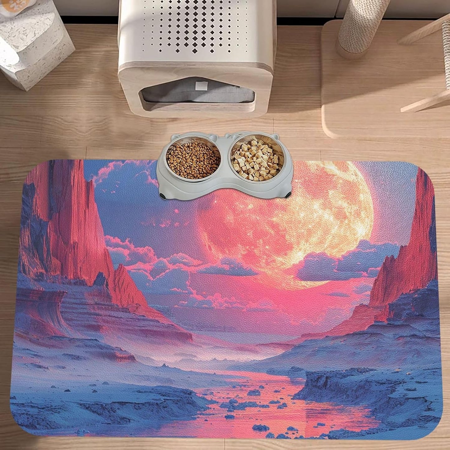 Pet Feeding Mat Leather Dog Food Mat Waterproof Pet Tablecloth Alpine Scene Pet Placemat for Dogs Absorbent Dog Bowl Mat Anti-Slip Dogs Mats for Food and Water