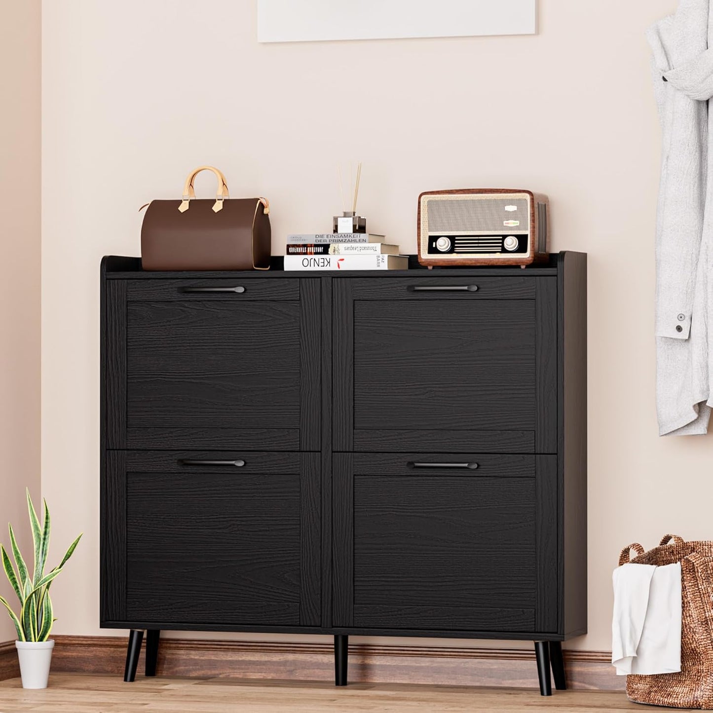 Shoe Storage Cabinet with 4 Flip Drawers, Freestanding Shoe Organizer with Adjustable Shelf & Anti-Tipping Device, Hidden Shoe Rack for Entryway, Hallway, Foyer, Lounge（Black）