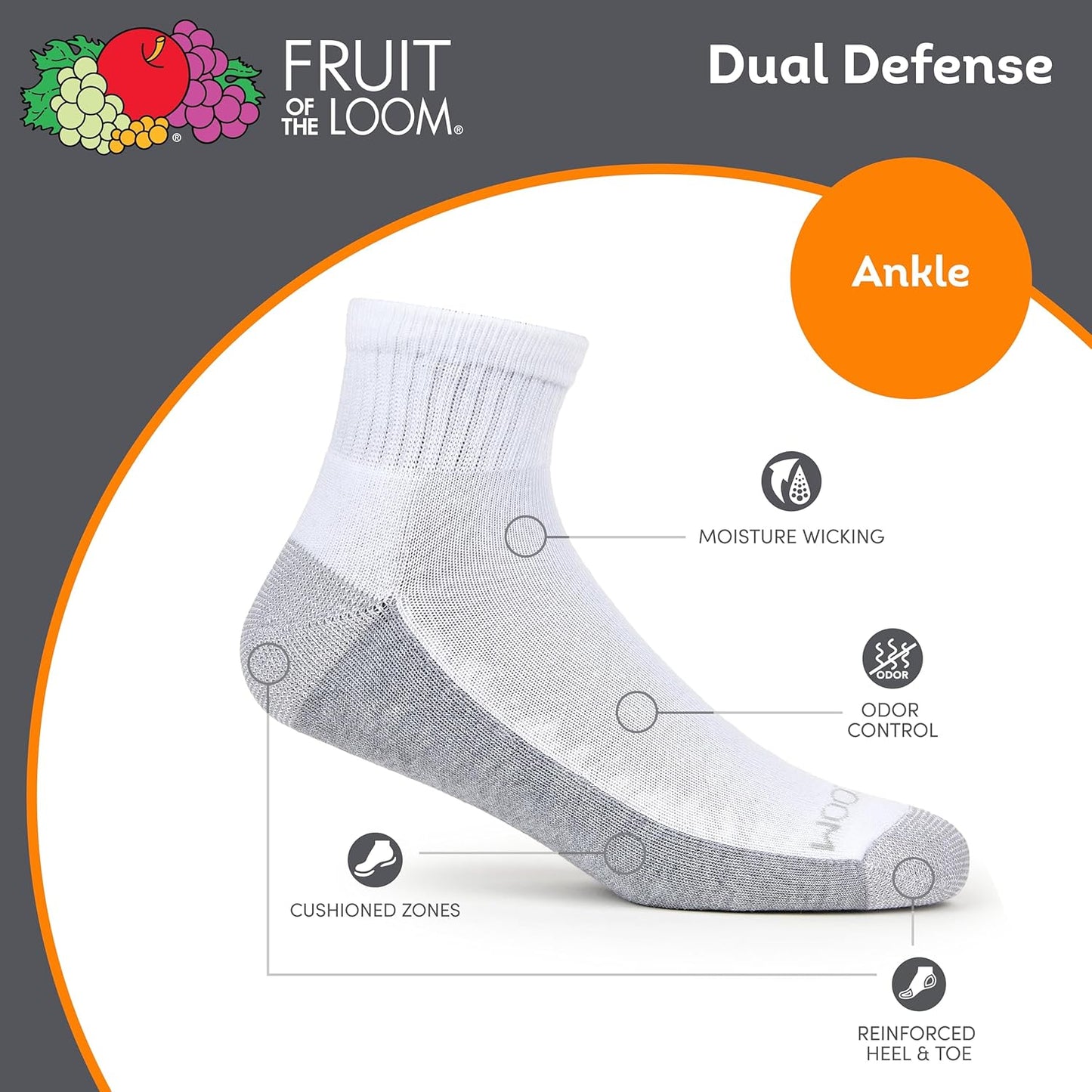 Fruit of the Loom Men's Dual Defense Ankle Socks, Odor Protection with Half Cushion, Multi-Packs