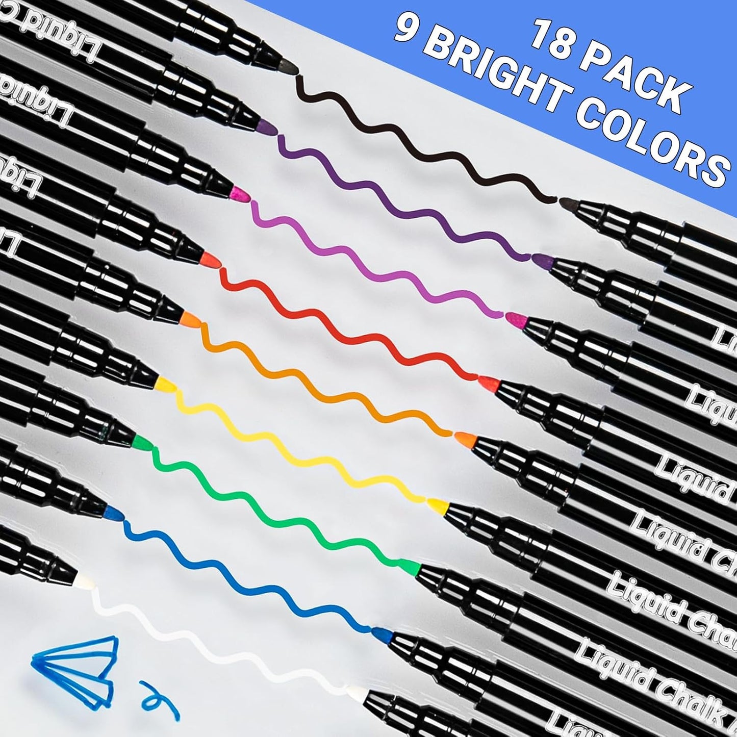 JR.WHITE Liquid Chalk Markers, 18 Pack Wet Erase Markers with 1mm Fine Tip for Acrylic Fridge Calendar, Glass Dry Erase Board, Whiteboard, Blackboard, Window, Mirror, LED Note Board & Chalkboard Signs