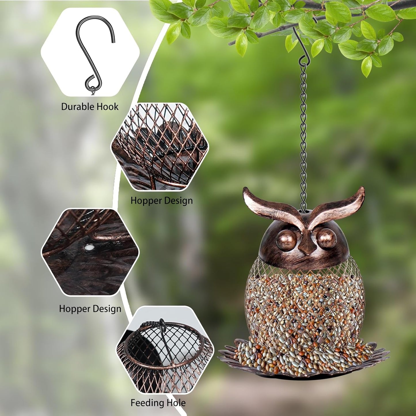 Bird Feeders for Outdoors, Metal Hanging Wild Birdfeeder with Hook for Outside Garden Yard Decor, Owl Shaped Mesh Bird Seed Feeder for Bluebird Cardinal Finch Sparrow Blue Jay