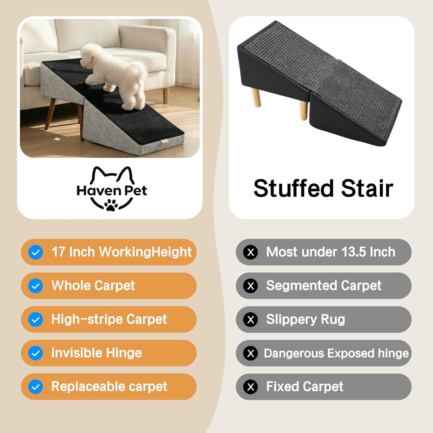 2-in-1 Dog Ramp and Stairs for Bed and Couch, 17 Inch High,Foldable Ottoman Ramp with Non-Slip Replaceable Carpet, Joint Relief for Small and Large Dogs