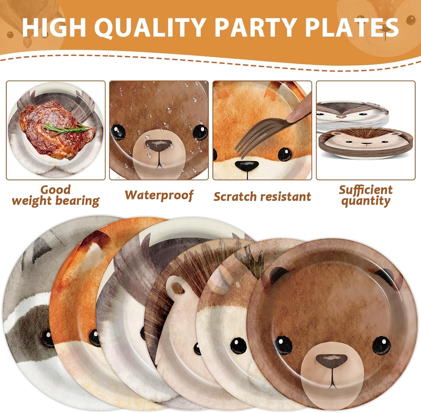 96Pcs Woodland Party Paper Plates and Napkins for Animal Party Decorations Woodland Creatures Dessert Plates Disposable Tableware for Kids Serves 24 Baby Shower Birthday Forest Animal Themed Supplies