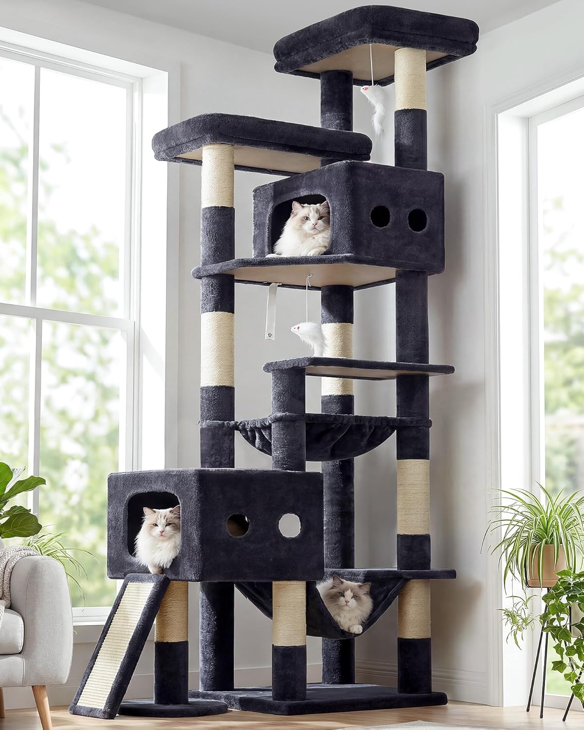 Globlazer Multi-Level Tall Cat Tower 83 inch Sturdy Extra Large Heavy Duty Cat Tree for Indoor Large Adult Cats Kittens with 2 Cat Condo, 8 Scratching Post, 2 Hammock, S83G, Dark Grey