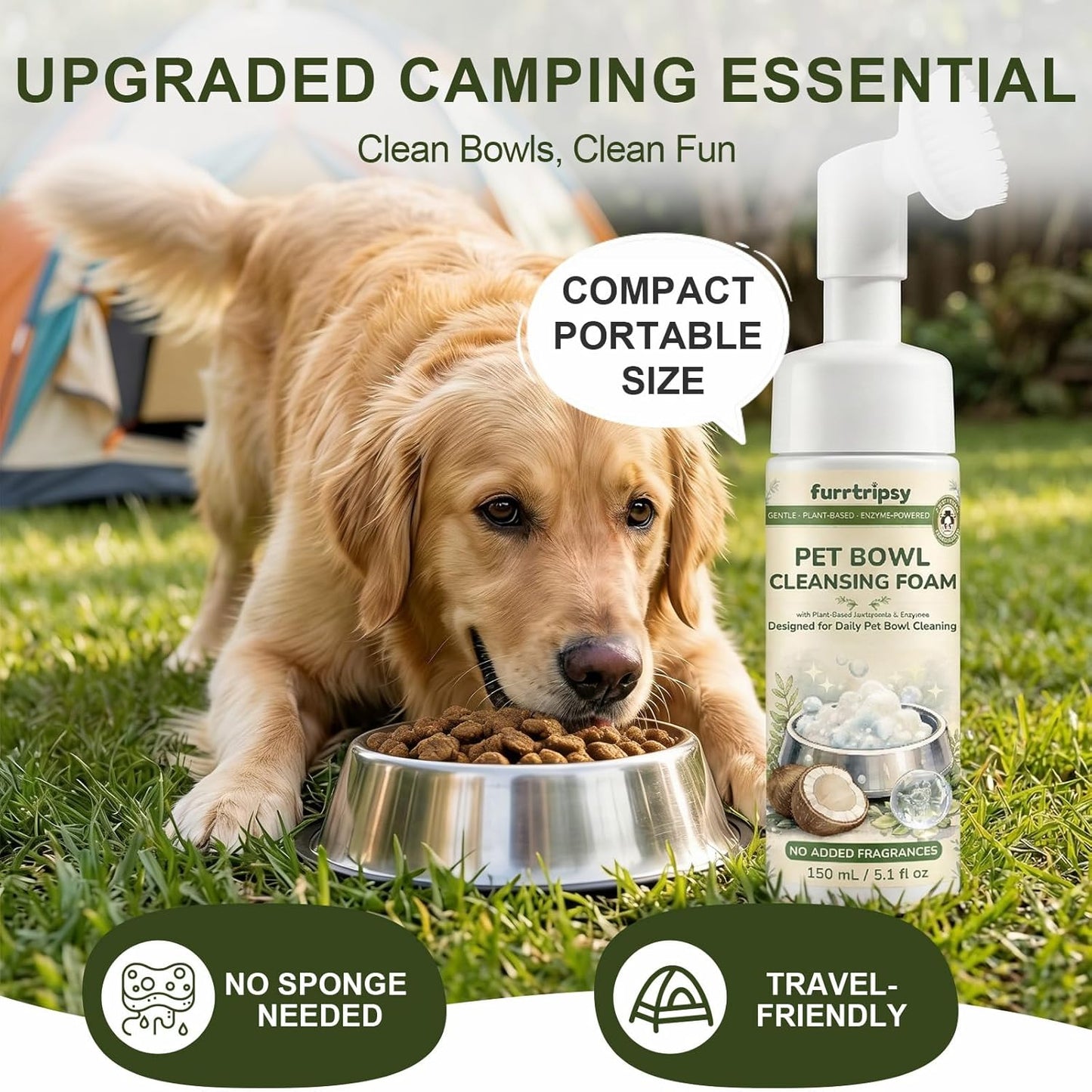 Pet Bowl Cleaner Mousse with Scrub Brush | Vet Enzyme Formula for Dog Cat Dishes, Toys Fountains & Bird Baths Feeders Cleaner | No Residue | 5.1oz Travel Size | Lick Safe, Unscented
