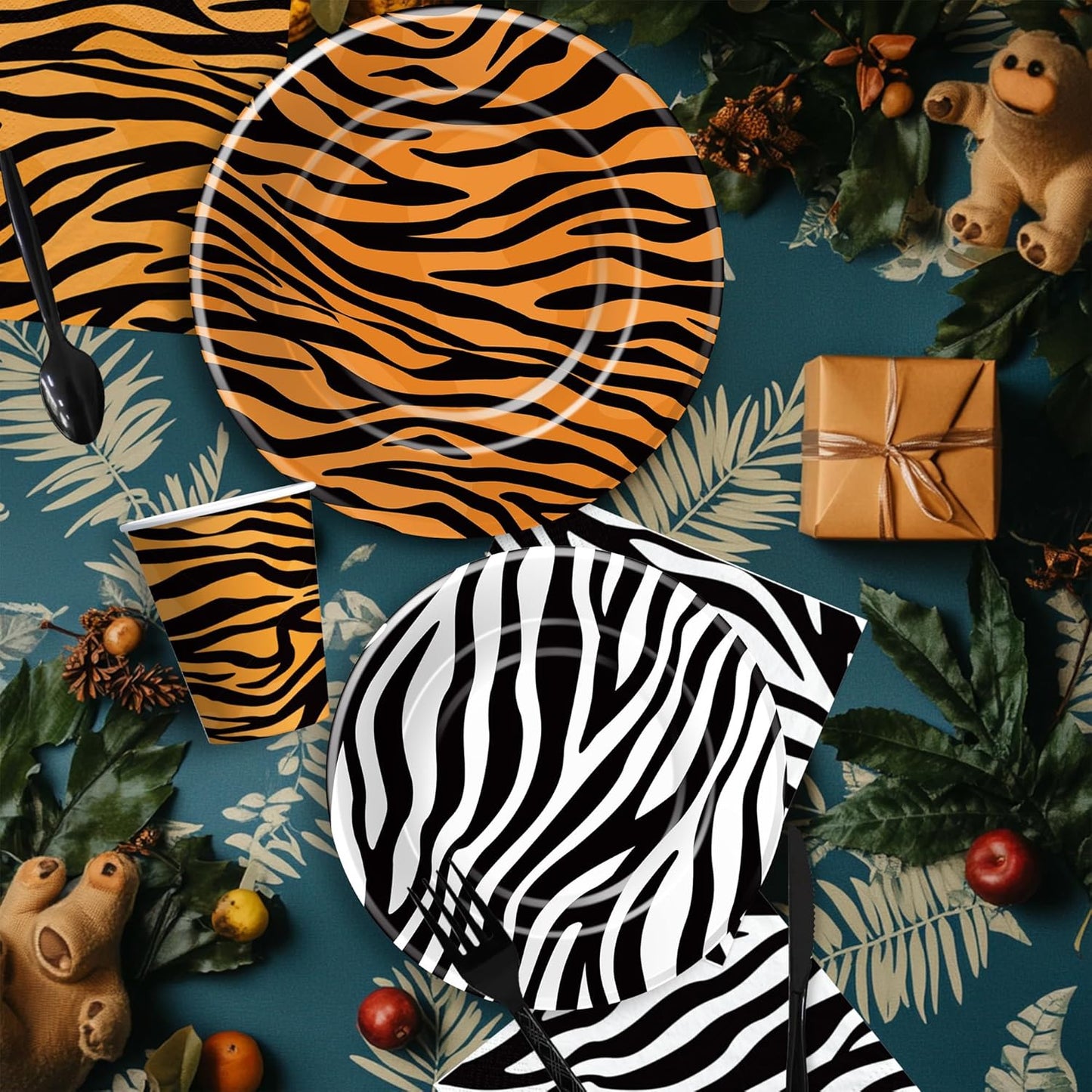 Jungle Safari Party Decorations, Jungle Birthday Party Supplies, Paper Plate, Napkin, Cup, Tablecloth, Banner, Wild Animal Print Balloon, Cutlery, Safari Birthday Decorations, Serves 24