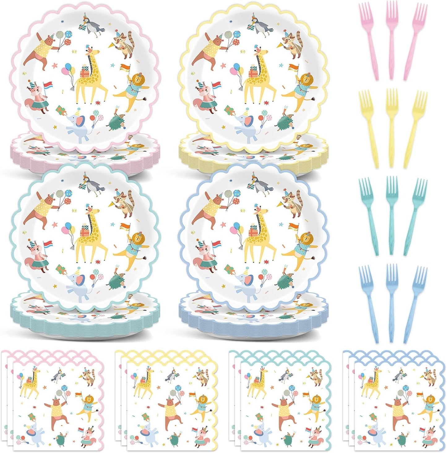 96Pcs Animal Party Supplies Pastel Animal Scalloped Tableware Dinnerware Animals Themed Party Plates and Napkins for Kids Jungle Safari Birthday Baby Shower Parties Decor Serves 24