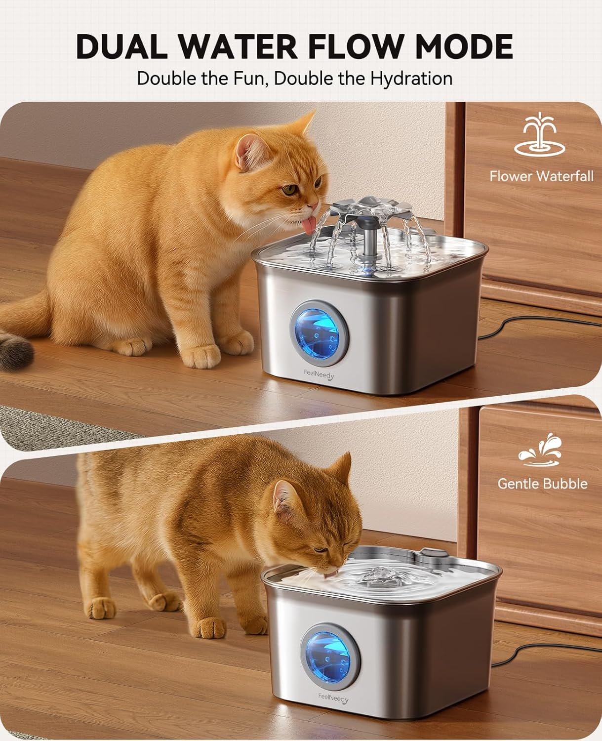 Stainless Steel Cat Water Fountain, 99oz/2.8L Auto Pet Drinking Fountain with 20dB Ultra-Quiet Pump- Ideal for Timid Pets, LED Water Level Window, Dishwasher Safe, 24/7 Circulating Flow - FEELNEEDY