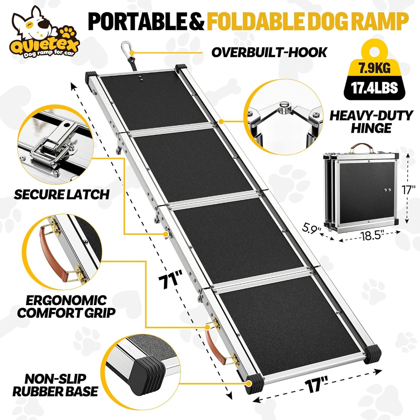 Extra Long 71”Dog Ramp Folding Pet Ramp for Car Large Dogs with Non-Slip Surface Dog Ramps up to 200 lb for Car SUV Truck