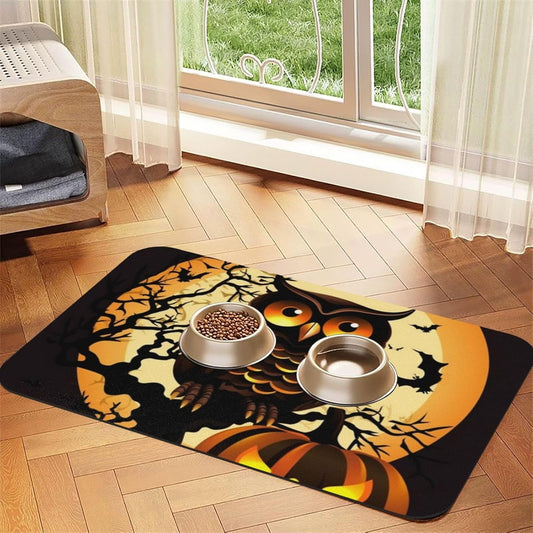 Black Tree Owl Pumpkin Head Pet Feeding Mat 40x60cm Absorbent Leather Dog Cat Food Mats Non-Slip Dog Bowl Mats for Food and Water, Quick Dry Pets Placemats for Cats and Dogs Water Bowl