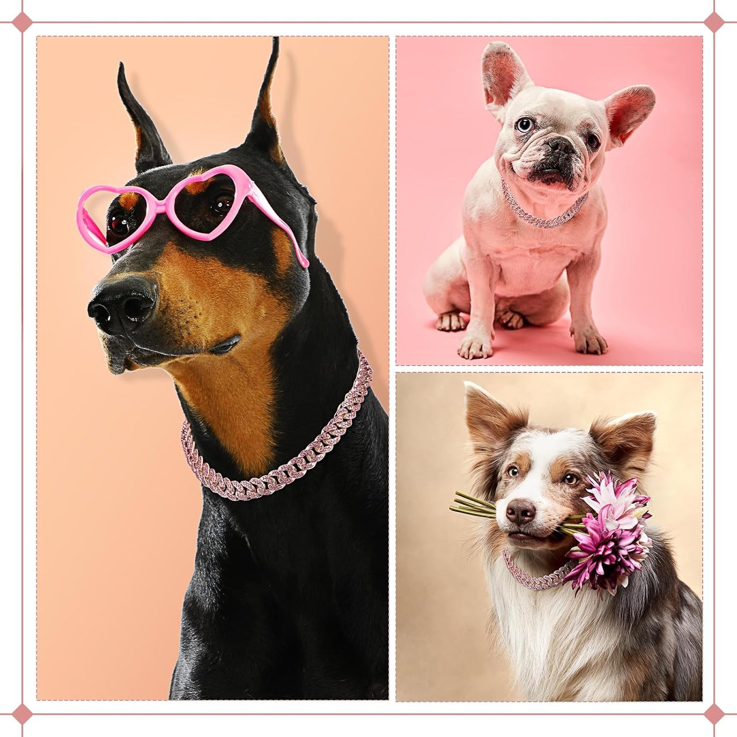 LEIFIDE Dog Chain Collar Diamond Link Puppy Collar 12 mm Wide Dog Necklace Metal Cat Chain Pet Crystal Necklace Jewelry Accessories for Small Medium Large Pet(8 Inch,Rose Gold, Pink)