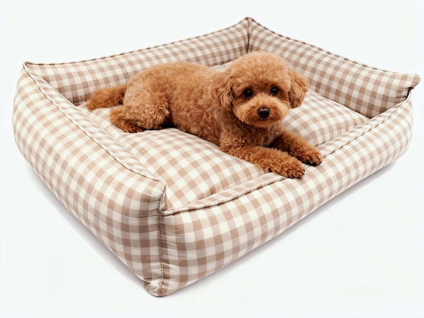 Cute Gingham Dog Bed for Small Dogs with Removable Cover All-Season Washable Plaid Dog Lounger for Pups (Beige Bed, X-Large)