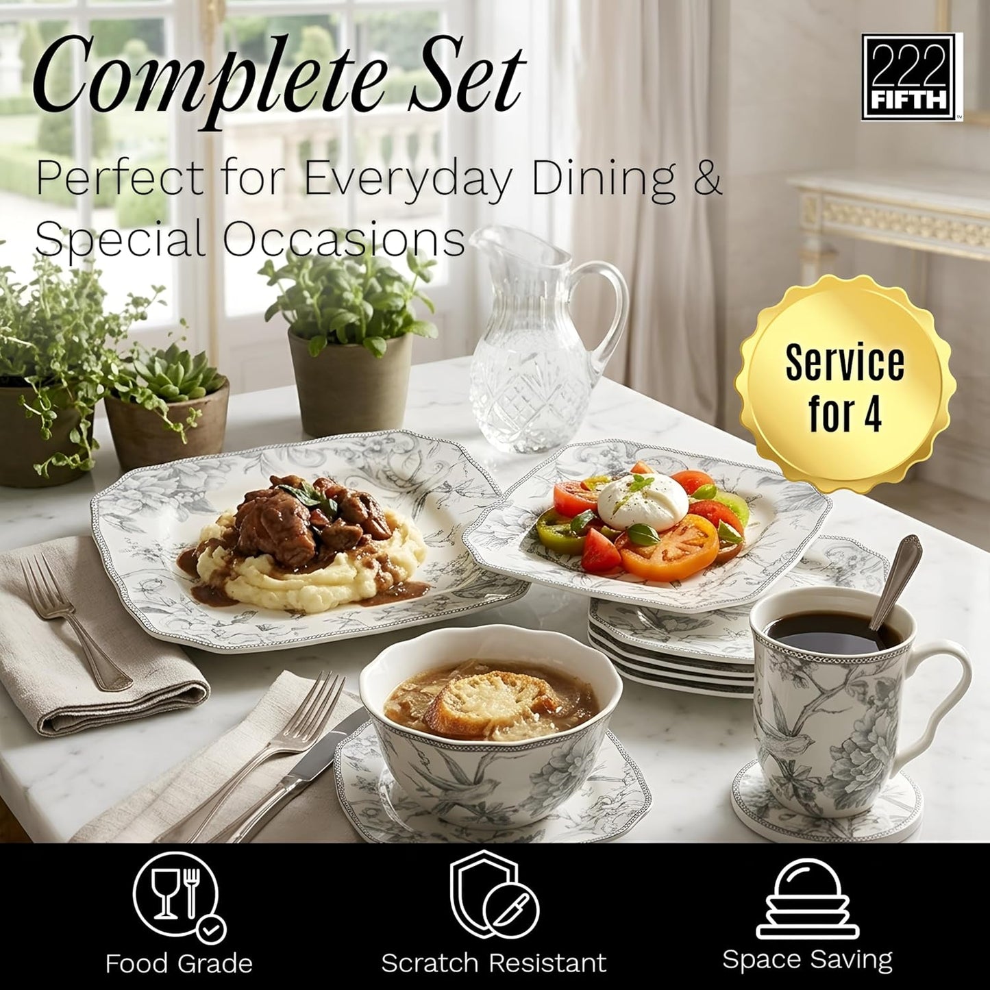 222 Fifth Adelaide 16-Piece Square Floral Dinnerware Set – Service for 4, Grey & White Porcelain Plates & Bowls, for Everyday Dining & Entertainment, Microwave & Dishwasher Safe, Chip Resistant