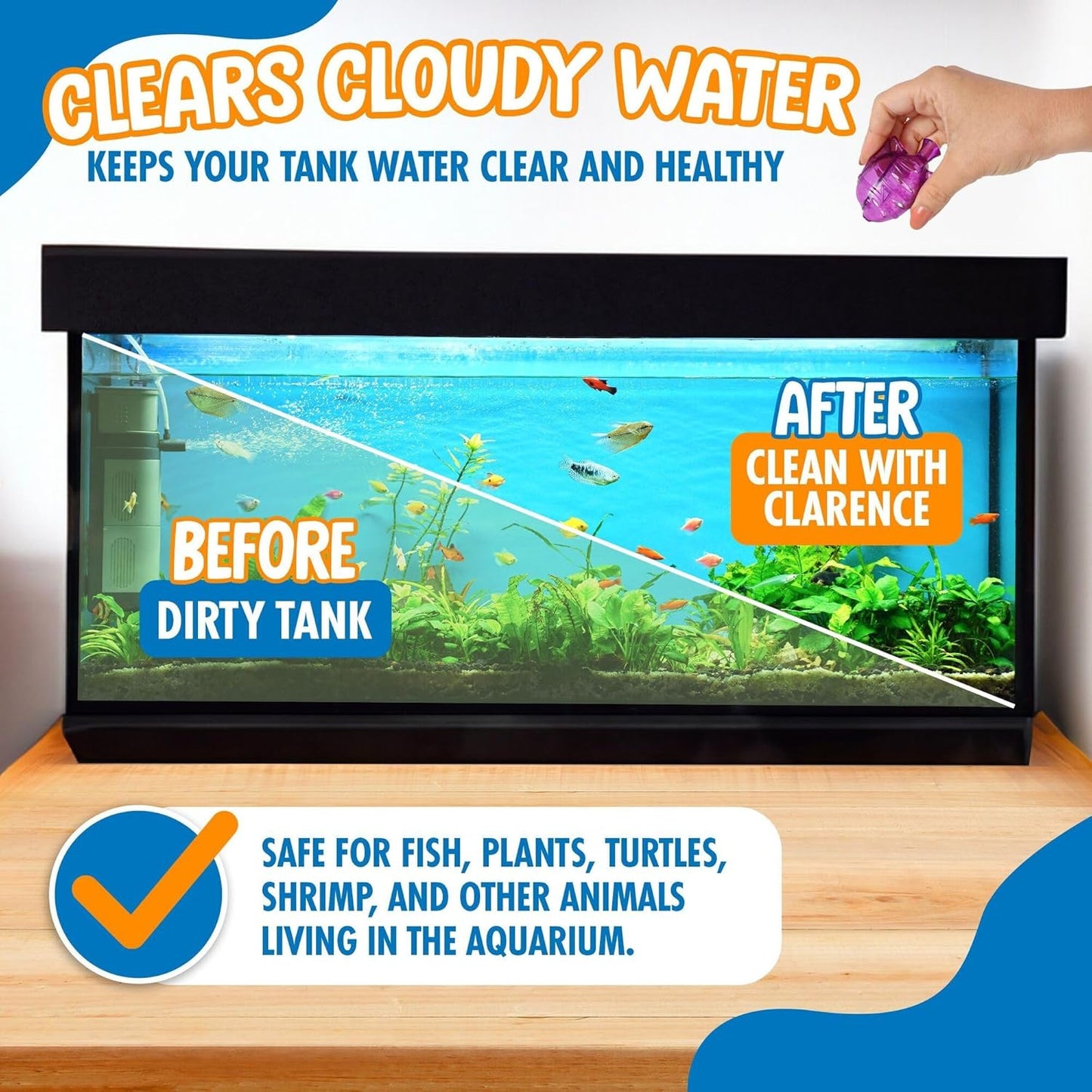 Clarence the Clarifier Fish - 1 pk, Purple - Aquarium Treatment, Clear Cloudy Fresh-Saltwater, Fish-Plant Safe, 10gal Tank Maintenance Each