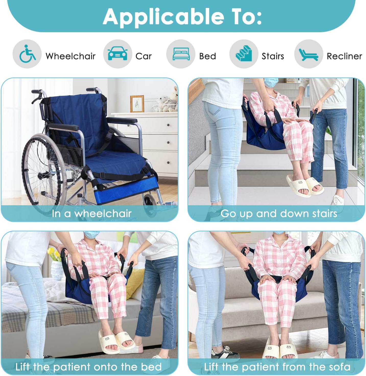 Patient Lift Transfer Belt from Bed to Wheelchair Stair Transfer Emergency Evacuation Chair Pad Safety Medical Lifting Sling Slide Board Transferring for Elderly, Disabled, Adults (Blue - 4 Handles)