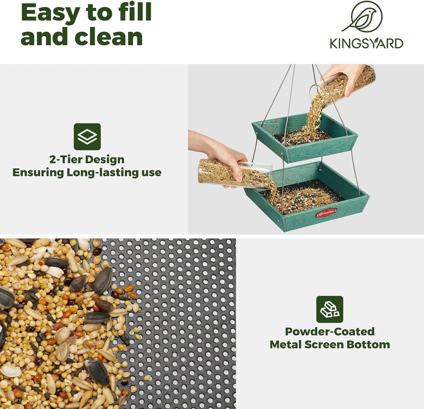 Kingsyard 2 Tier Large Platform Bird Feeders for Outdoors Hanging, 5 lbs Capacity Recycled Plastic Flat Mealworm Bird Feeder Tray, Garden Decoration Attracting Cardinal Blue Jay, Green
