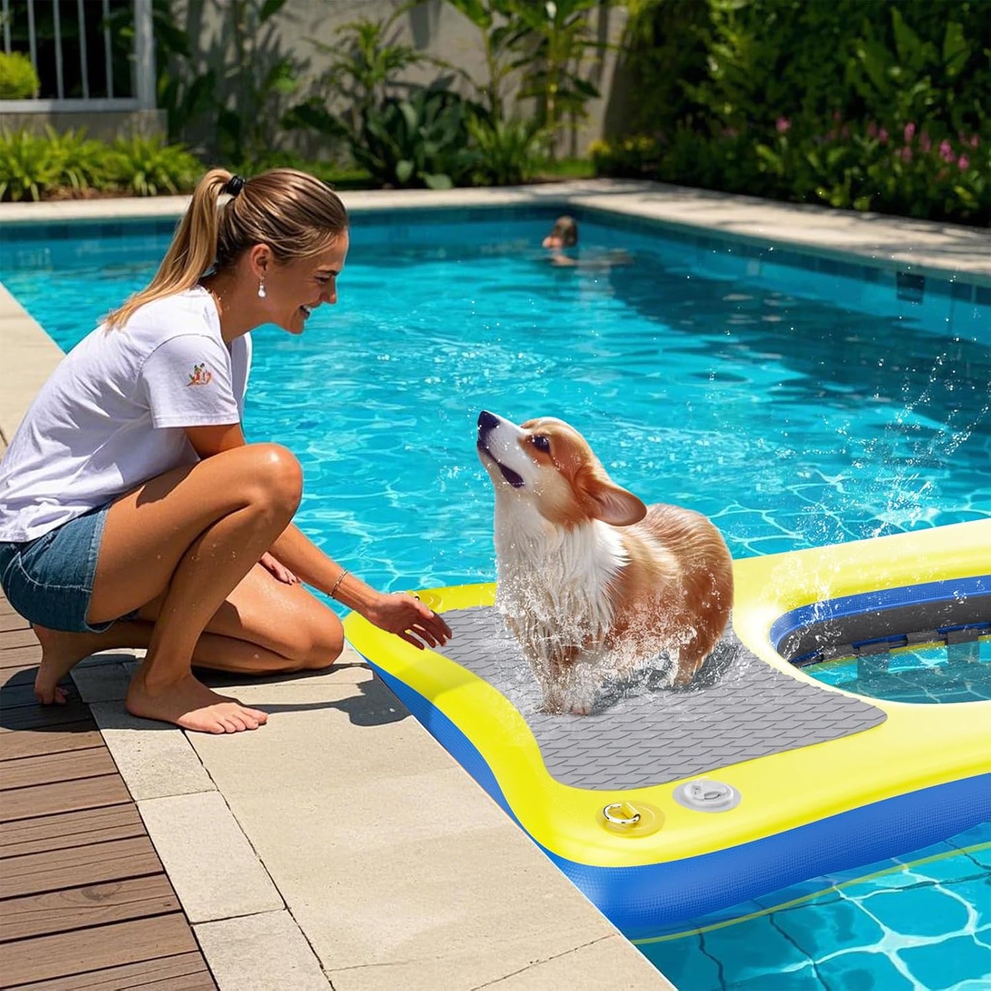 Inflatable Dog Pool Float Dock Platform for Dogs, Dog Pool Ramp Ladder with Non Slip Steps | Dog Floats Water Ramp for Boat, Inground Pool (for Small Dogs Up to 60 lbs)