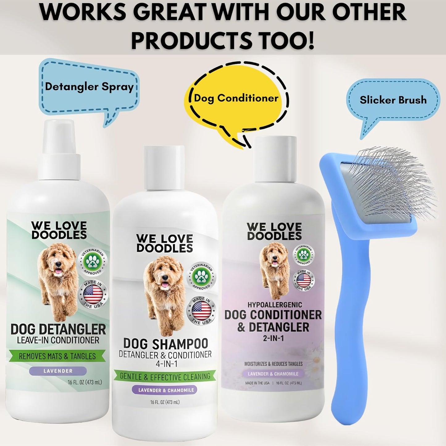 Dog Shampoo, Conditioner & Detangler - Best Shampoo for Goldendoodles, Poodles & Doodles Pet Hair - Hypoallergenic, Tearless, Sensitive Skin for Puppies & All Dog Breeds - Made in USA, 16OZ (Lavender)