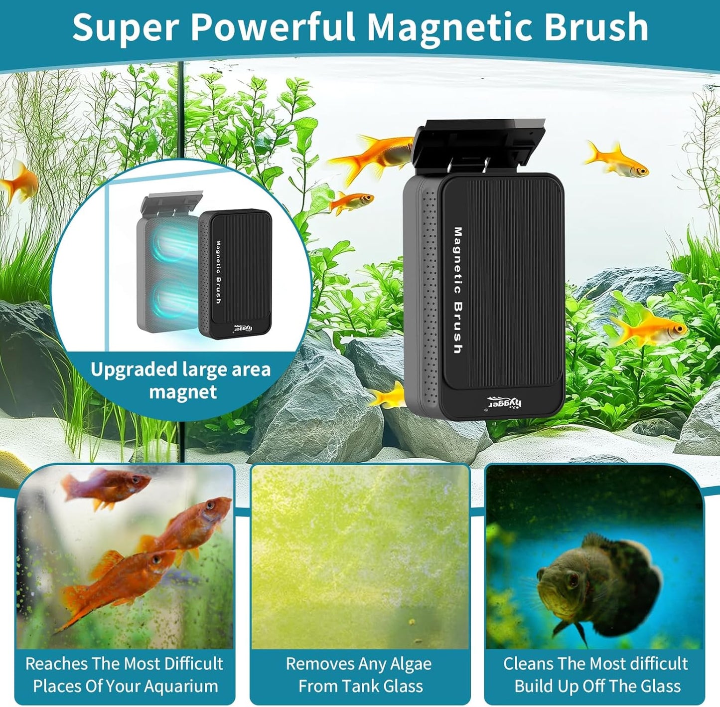 hygger Aquarium Magnet Glass Cleaner, Magnetic Fish Tank Cleaner with 2 Blades For Glass and Acrylic Aquariums, Aquarium Algae Scraper with Super Strong Magnet for Fish Tanks 0.3-0.6Inch Thickness (L)
