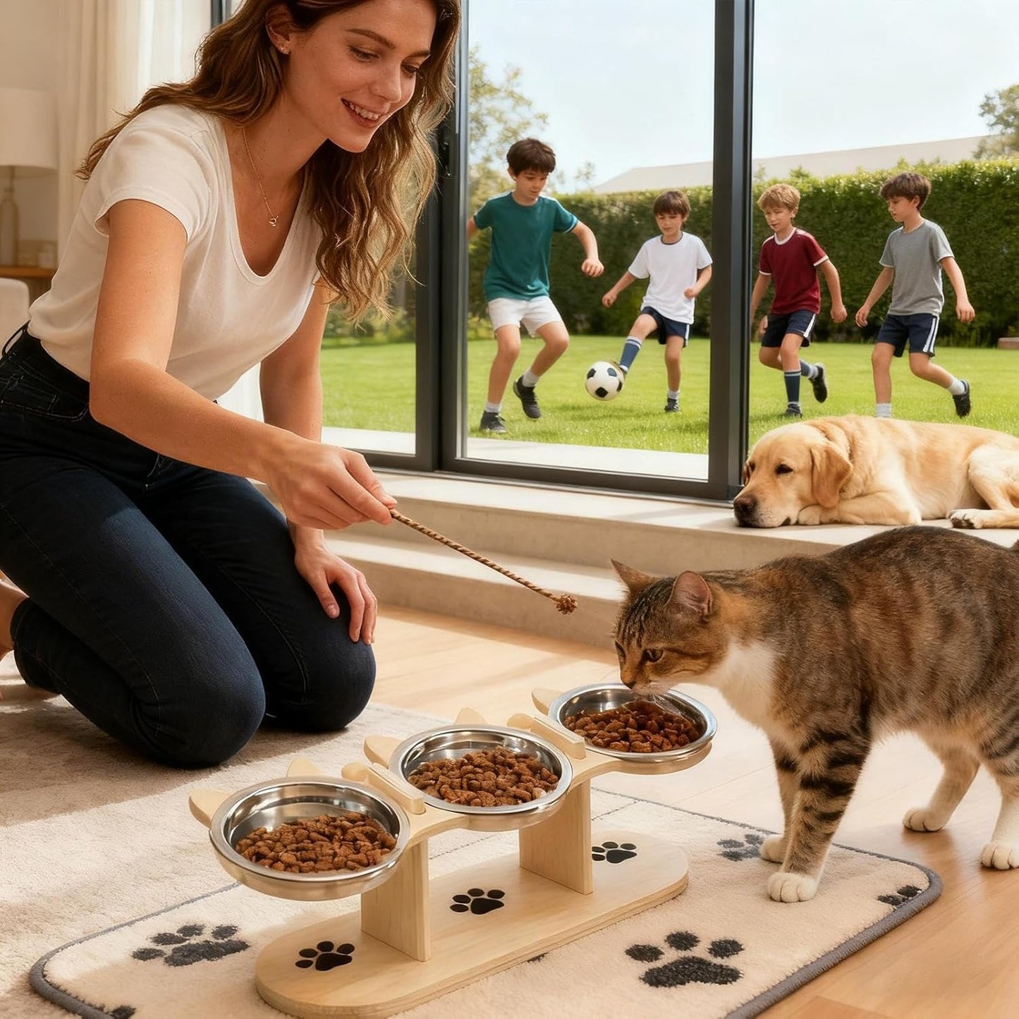 Elevated Dog Bowls Tilted Wooden Stand Cat Bowl Dog Feeding Station for Kitten Puppy Small Medium Breed Home Balcony Living Room Apartment Indoor Outdoor Durable Anti-Slip Feeding Accessory