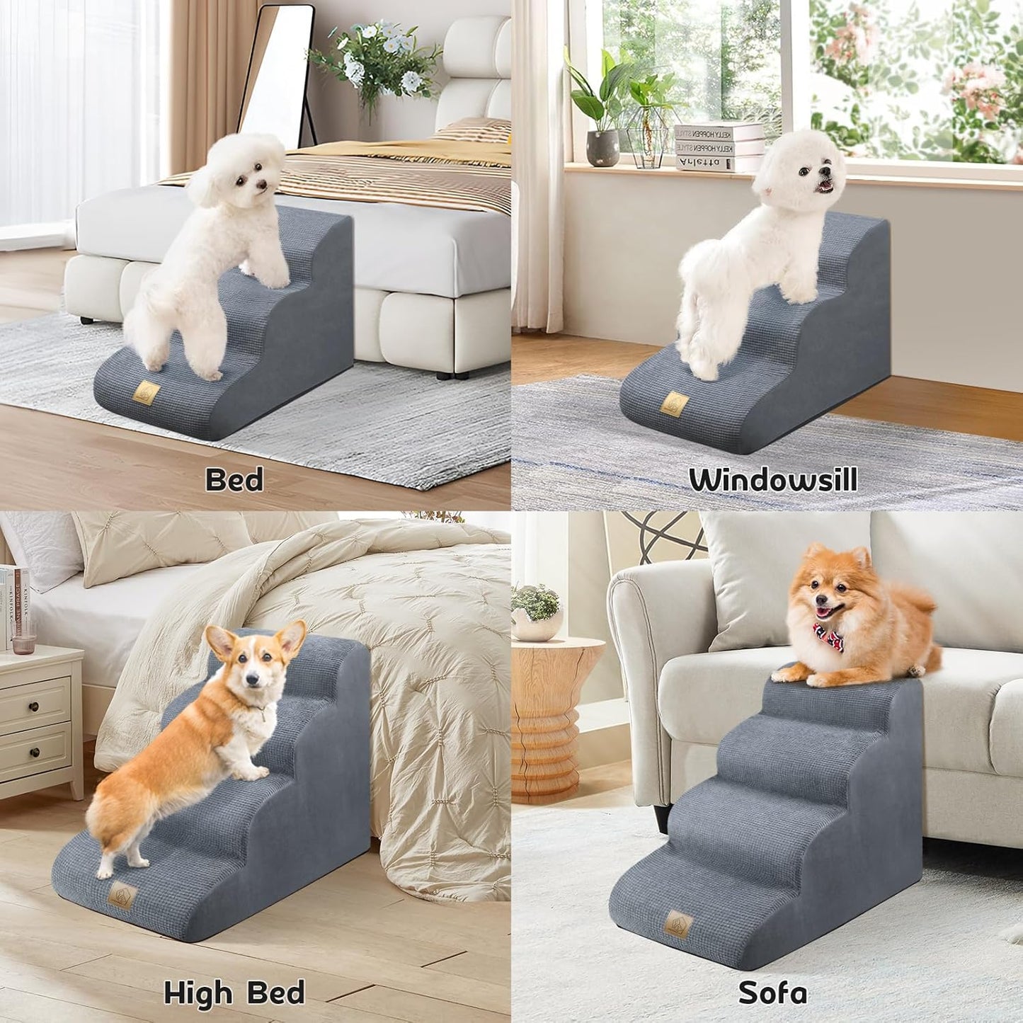 Mestuel Dog Stairs for Small Dogs, Pet Stairs for Couch Bed Sofa, Dog Steps Ramp Indoor with High Density Foam &Nonslip Bottom, Pet Stairs Hold up to 60 lbs, Gray
