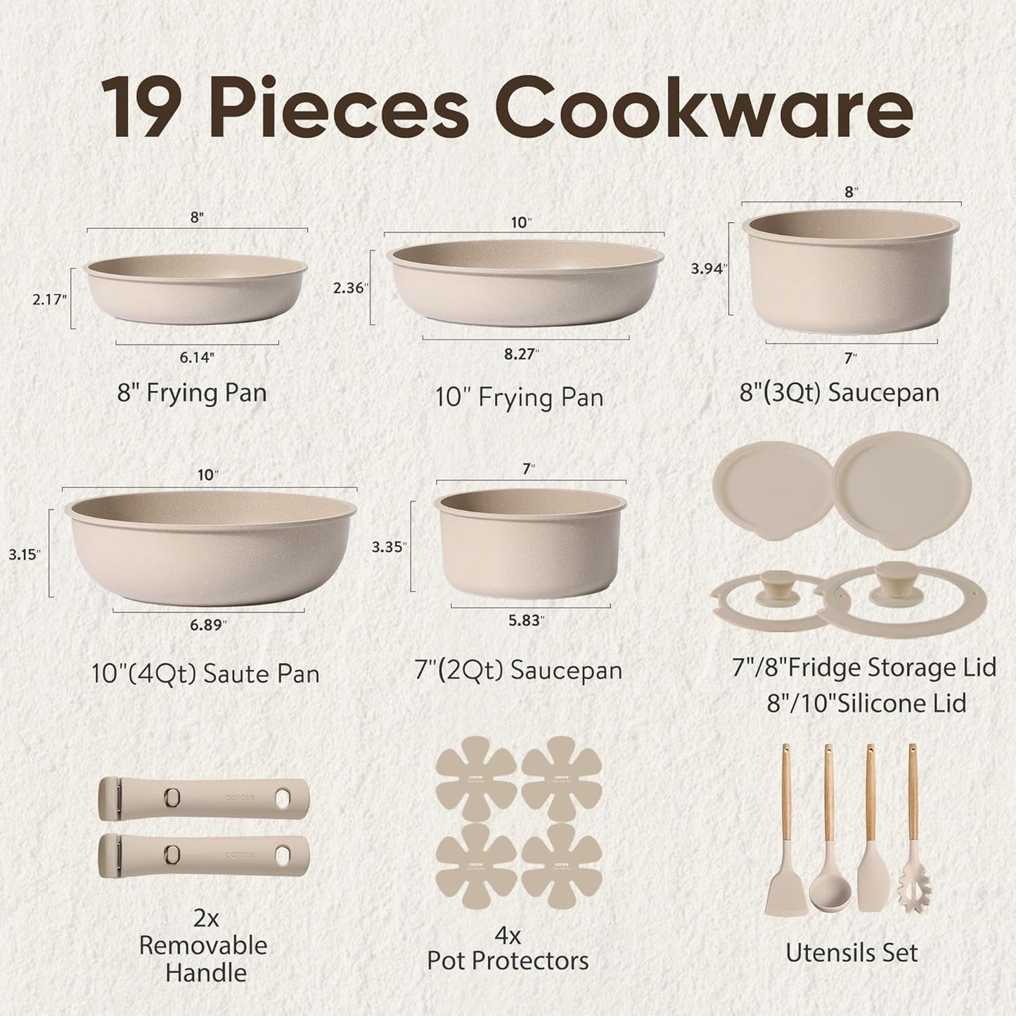 CAROTE 19pcs Pots and Pans Set Non Stick, Nonstick Cookware Set Detachable Handle, Induction Kitchen Cooking Sets with Removable Handle, RV Kitchen, Oven Safe, Taupe