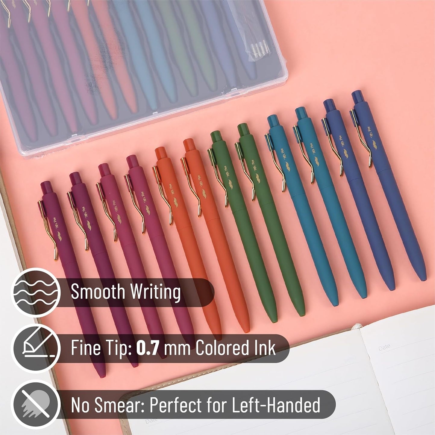 Mr. Pen- Ballpoint Pens with Case, 12 Pack, Colorful Ink, 12 Refills, 0.7mm Cute Ballpoint Pens Assorted Color Ink