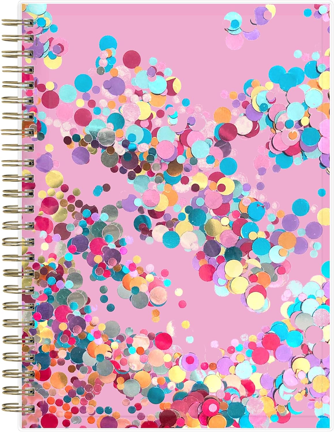 Blue Sky Good Vibes Notebook, 160 Lined And Perforated Pages, 5.75" x 8.5", Gold Durable Twin Wire Binding, Flexible Glitter Shaker Cover, Party Dots Pink