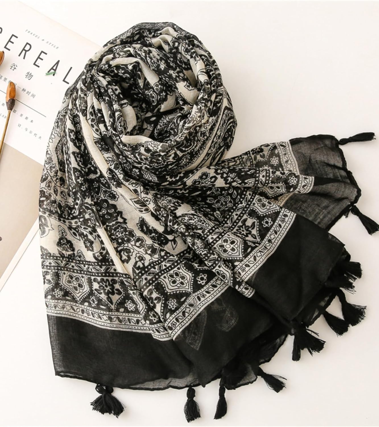 Travel Boho Scarf for Women Casual Lightweight Fashion Multicolor Shawl Wraps with Fringed Beads